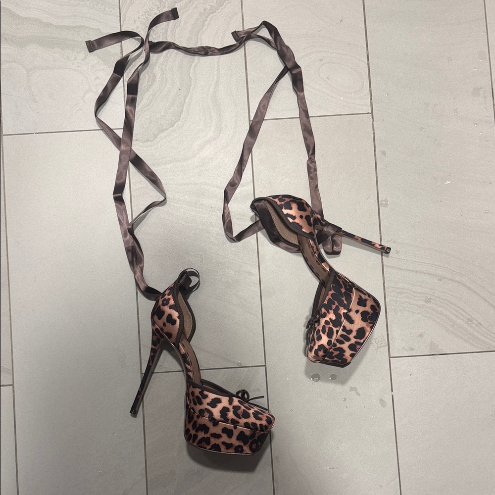 Steve Madden Leopard Satin Platform Lace-Up Heels - Brown/Black